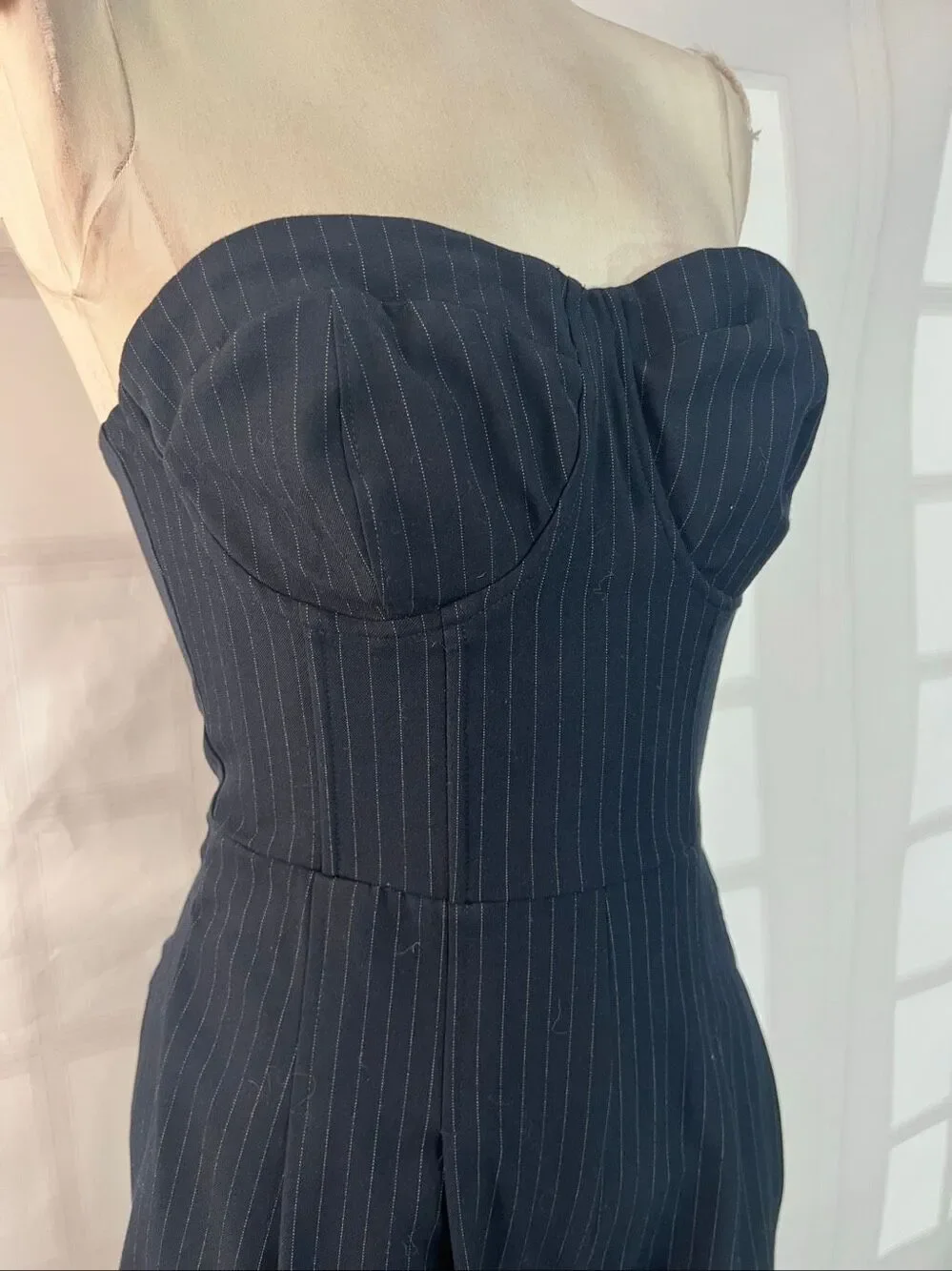 Anthropologie Dark Navy White Tailored Wide Leg Corset Pinstripe Jumpsuit Size 2